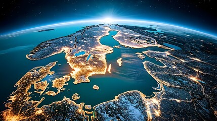 Aerial view of the Scandinavian peninsula at night with the coastlines illuminated by the bright lights of its densely populated cities and towns