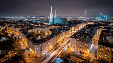Aerial view of the vibrant and historic cityscape of Vienna the capital of Austria glowing with an array of lights and architectural landmarks against the dark night sky