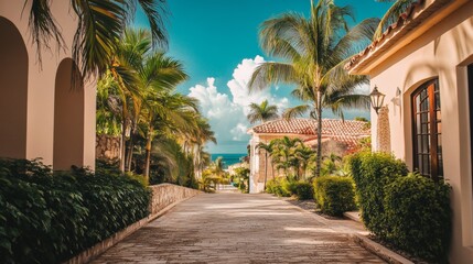 Mediterranean street with palm trees and villas