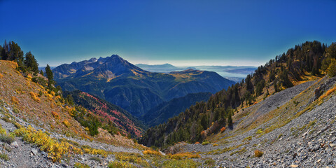 Box Elder Peak hiking views from trail, American Fork Canyon. Lone Peak, Mt Timpanogos, Wasatch Range Rocky Mountains, Utah, United States.