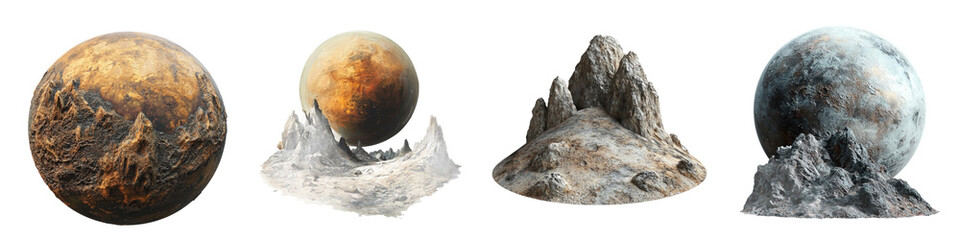 Collection of Alien Planet: A distant, mysterious alien planet with a rocky terrain and unusual atmosphere, isolated on a transparency background