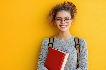 Young woman with glasses holding a book, standing in a field of flowers under a sunny sky.