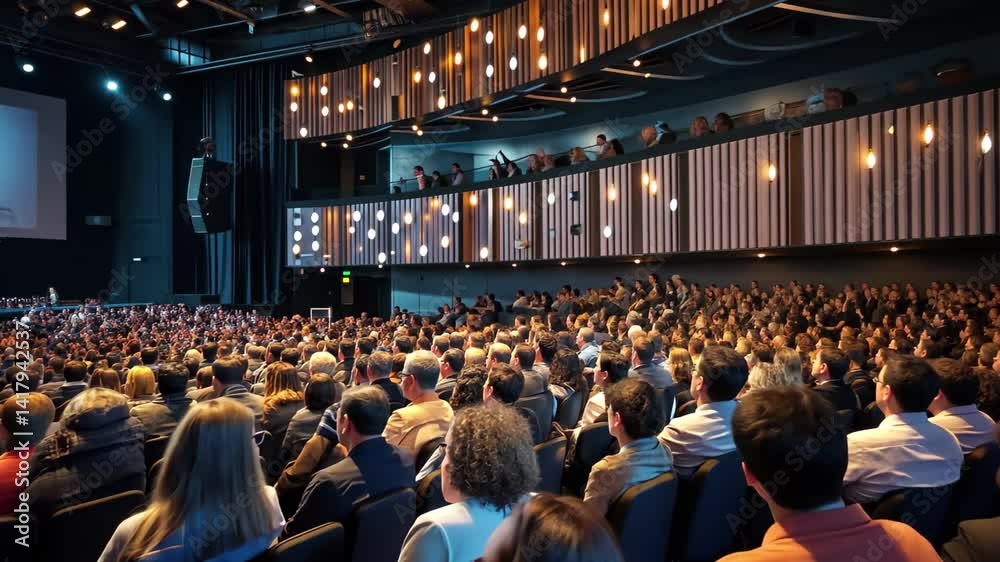Poster large audience engaged at a corporate event in a modern auditorium with bright lighting and a large 