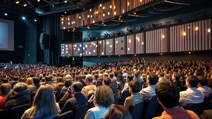 Large audience engaged at a corporate event in a modern auditorium with bright lighting and a large screen presentation