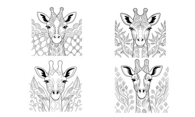 Hand drawn vector coloring page of Giraffe in jungle. Print design,mandala art.  
