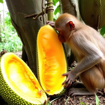Monkey Enjoying Fresh Jackfruit in Tropical Forest"