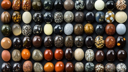 Colorful polished stones arranged in rows on dark surface, featuring variety of patterns and colors