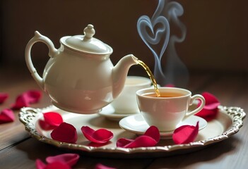  Love. Heart. A delicate, antique teapot with ornate floral patterns and a curved spout pours steaming hot tea into two dainty, rose-petal-rimmed cups on a worn, dark wood vintage tray, surrounded by 