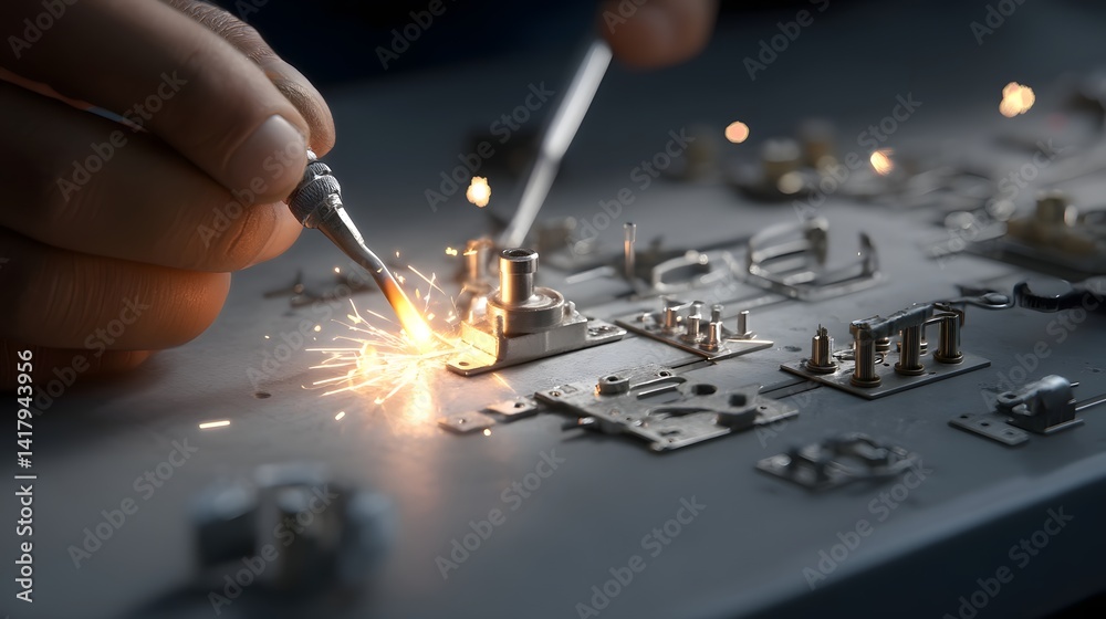 Poster close up view of a welder s hand meticulously working on delicate electronic components with dramati