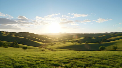 Fototapeta premium Sunlit Serenity: Rolling Green Hills and a Tranquil Horizon Under a Sunny Sky