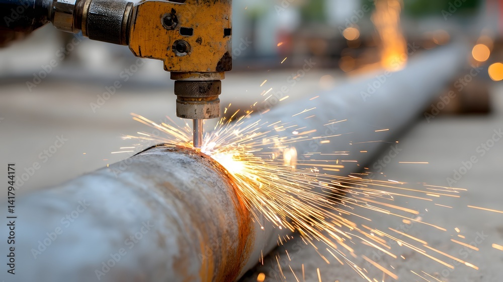 Poster close up view of the intense welding process on a stainless steel pipe creating a shower of bright s