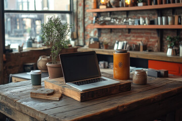 Laptop and cup on wooden table in cozy home setting, showcasing a work-from-home setup with a warm and inviting vibe.