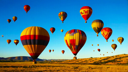 Fototapeta premium Colorful Hot Air Balloons Soaring Over Golden Landscape Under a Clear Blue Sky, Adventure and Travel Stock Photo
