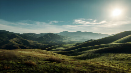 Obraz premium Rolling verdant hills bathe in the sunlight of a pristine morning horizon