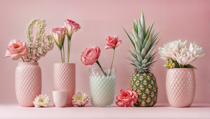 Pink flowers in textured vases and a pineapple centerpiece create a vibrant summer still life. Delicate blooms and a tropical accent against a soft pink background.