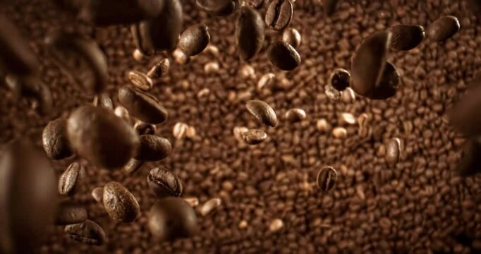 Close up of seeds of coffee. Fragrant coffee beans Super Macro Close Up. Shot on super slow motion camera 1000 fps.