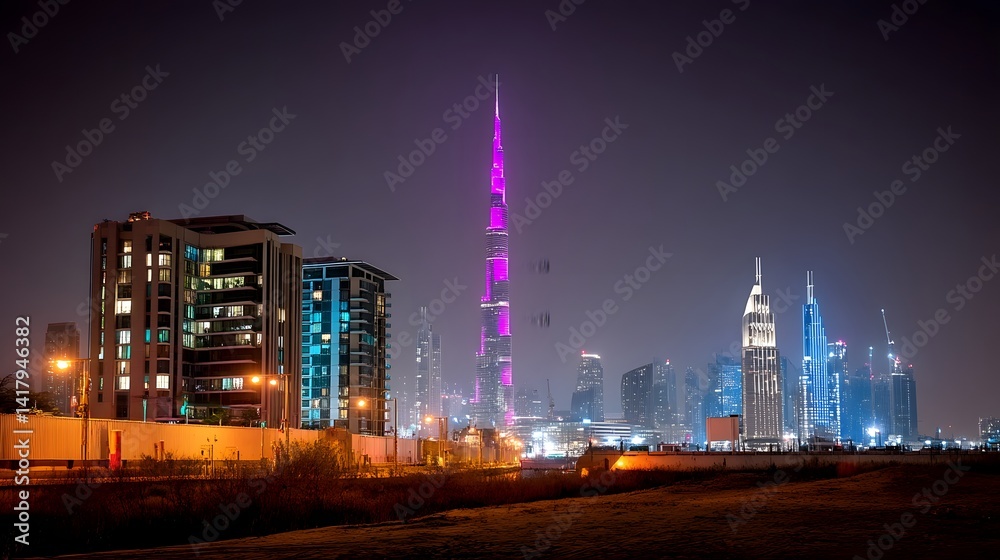 Aufkleber dubai s iconic skyscrapers and towers illuminated against the desert backdrop creating a vibrant fut