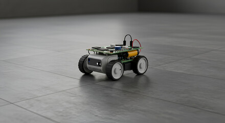 Obraz premium Tiny Wheeled Robot Minimalist Gray Floor