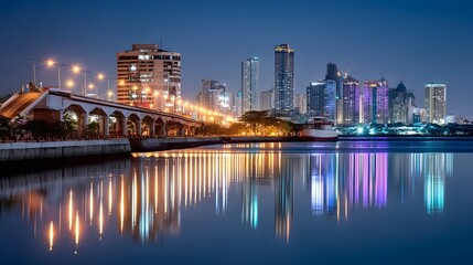 Illuminated skyscrapers and bridges reflect in the tranquil waters creating a sparkling picturesque cityscape at night