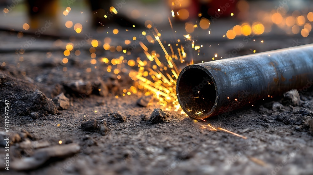 Poster intense sparks and flames burst from a welder working on a metal pipe showcasing the power and preci