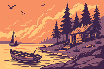 Fototapeta premium 75 Serene lakeside sunset, vibrant orange and purple sky, small wooden boat, calm reflective water, cozy log cabin, pine trees, wooden dock, rocky shore, sailboats in distance, birds flying, photoreal