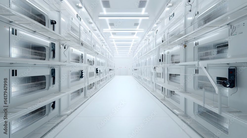 Poster rows of organized shelves and trays in a clean minimalist indoor environment designed for efficient 