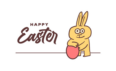 happy easter card with easter bunny holding egg. Cute quirky handmade cartoon illustration.