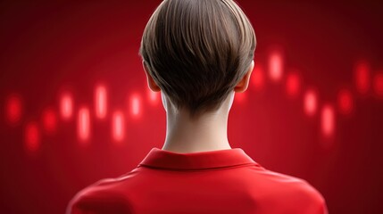 Person in Red Shirt Facing Abstract Graph on Bright Red Background