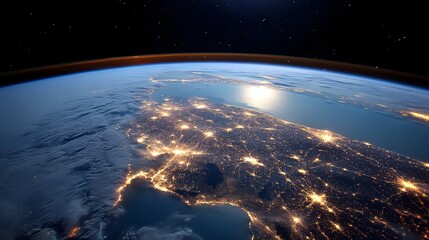 Obraz premium Stunning view of the Earth s surface at night with cities and settlements illuminated against the darkness of the planet s atmosphere and the vast expanse of space beyond