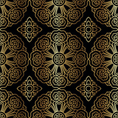 Black and Gold Ornamental Seamless Pattern with Buddhist Motifs, Chinese New Year and Asian Festival TET Design Elements