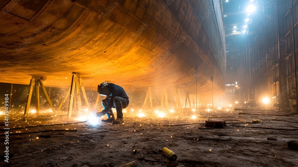Poster welder wearing a protective helmet working on a ship s hull in a dimly lit shipyard surrounded by a 