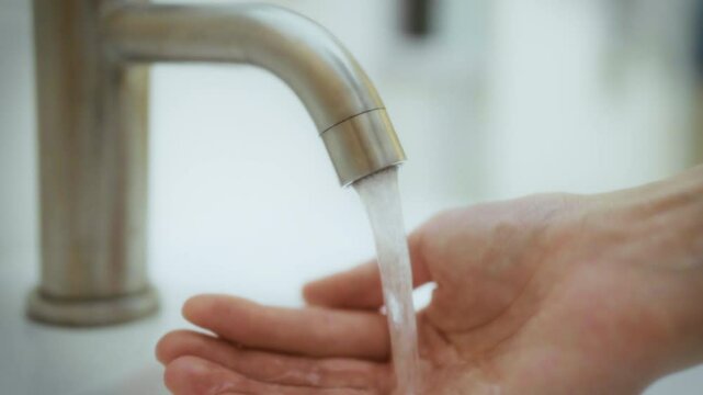 A hand is positioned under a running faucet in a bright bathroom, symbolizing cleanliness and hygiene. The water flows freely, illustrating the importance of handwashing