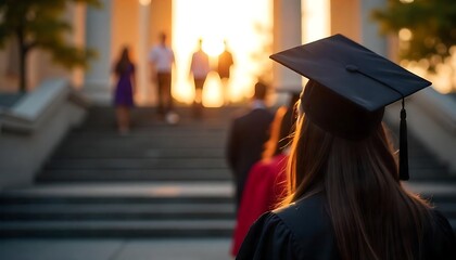 University graduates, A blurred image of a graduation cap students on the steps, with silhouettes of people walking up the stairs in the background, created with generative ai