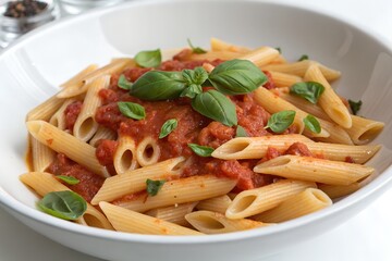 Penne pasta with tomato basil sauce, arranged neatly in a white bowl, plain background