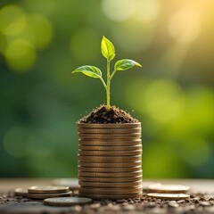 Stacked Coins with Growing Green Plant — Concept of Financial Growth