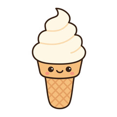 Ice cream waffle cone with happy face pictogram isolated vector object illustration in kawaii style. Soft-serve wafer ice-cream. Food clipart. Icon or logo.