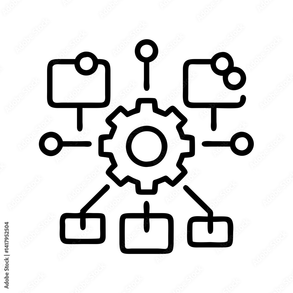 Poster gear mechanism process diagram outline icon for settings configuration and workflow system