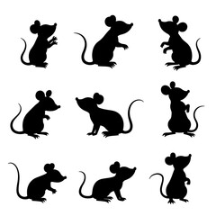 Black silhouettes of mice set white background, Mice Silhouette Art Vector Set
