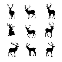 Set of deer silhouettes, set of deer silhouettes, reindeer black silhouette on transparent background
