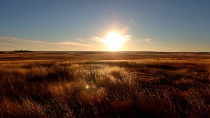 Golden Hour on the Plains: Serene Landscape with Sun-Kissed Prairie Grass