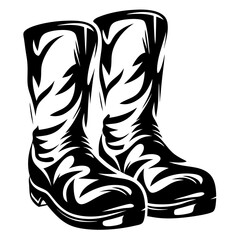 Stylized black and white illustration of a pair of cowboy boots
