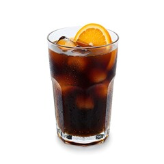 Refreshing Orange and Cola Drink Iced Beverage with Orange Slice, Refreshment, Cold Soda, Isolated on White.