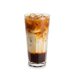 Iced Latte Coffee Drink, Layered with Milk, Espresso, and Ice Cubes, Refreshing Beverage.