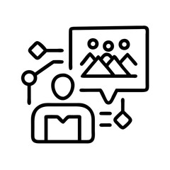 Person with team collaboration communication strategy and mountain landscape in a speech bubble icon