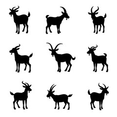 Set of different goats silhouettes isolated on white background
