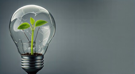 Light bulb sprouting green plant against gray background  