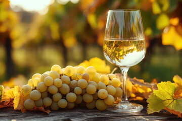 Glass of white wine next to a bunch of grapes on a wooden table.