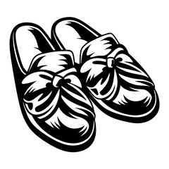 A black and white vector illustration of two fluffy bow slippers