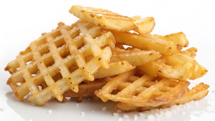 A close-up shot showcases a delicious pile of perfectly fried waffle and regular fries.
