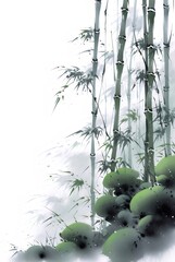 水墨画スタイル竹林 水彩画風描写 濃淡緑色竹と葉 白背景 自然光